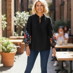 Black Blouse with Floral Sleeves XL